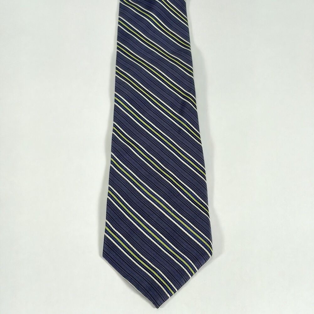 Claiborne Men's Necktie - Navy Blue with Lime Green & White Stripes - 100% Silk